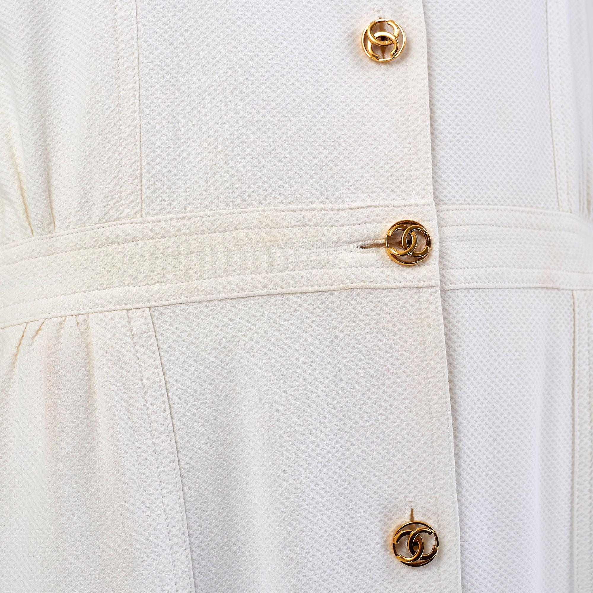 1983 Chanel White Pique Cotton CC Button Shirt Dress In Good Condition For Sale In London, GB