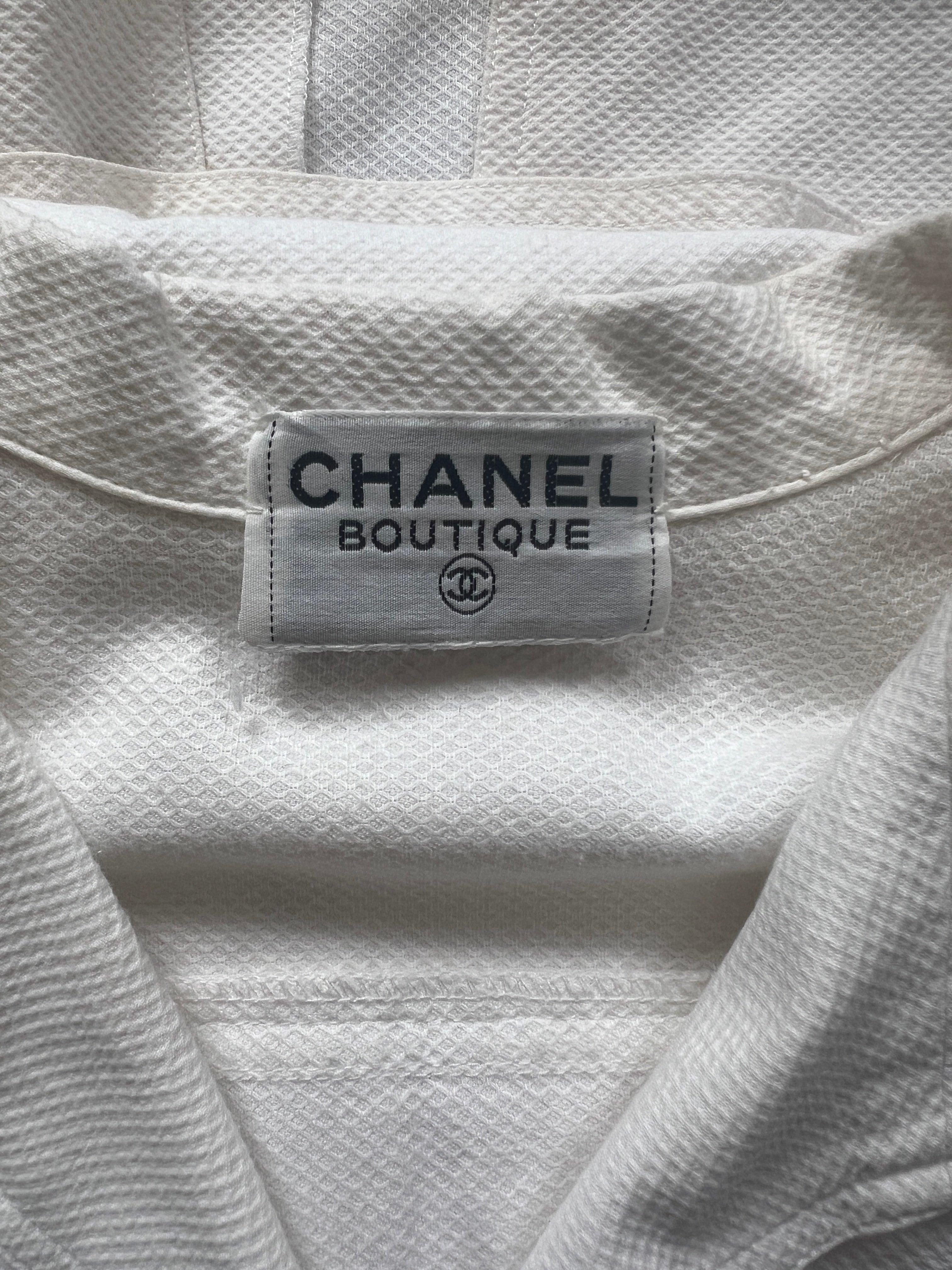 Women's 1983 Chanel White Pique Cotton CC Button Shirt Dress For Sale