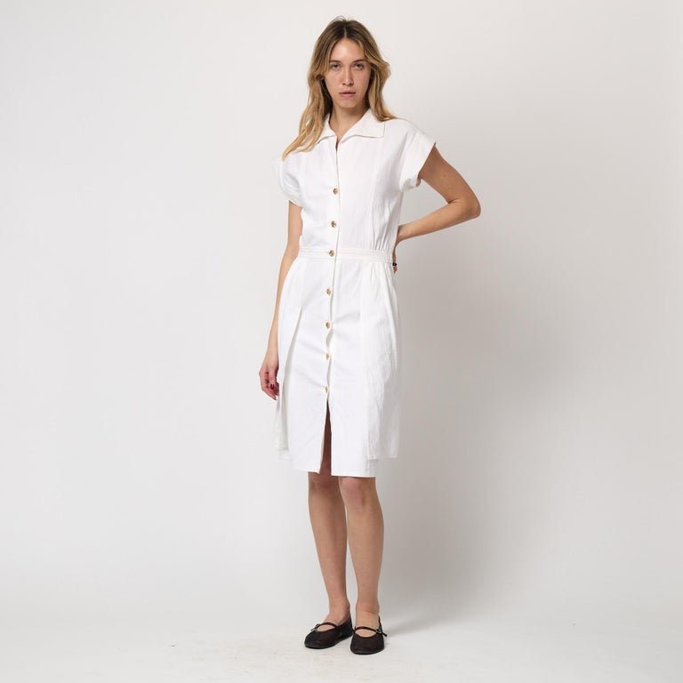 chanel shirt dress 1990s Chanel Creme Silk Knife Pleats Camellia Bow Belted Shirt Dress D   Basha Gold