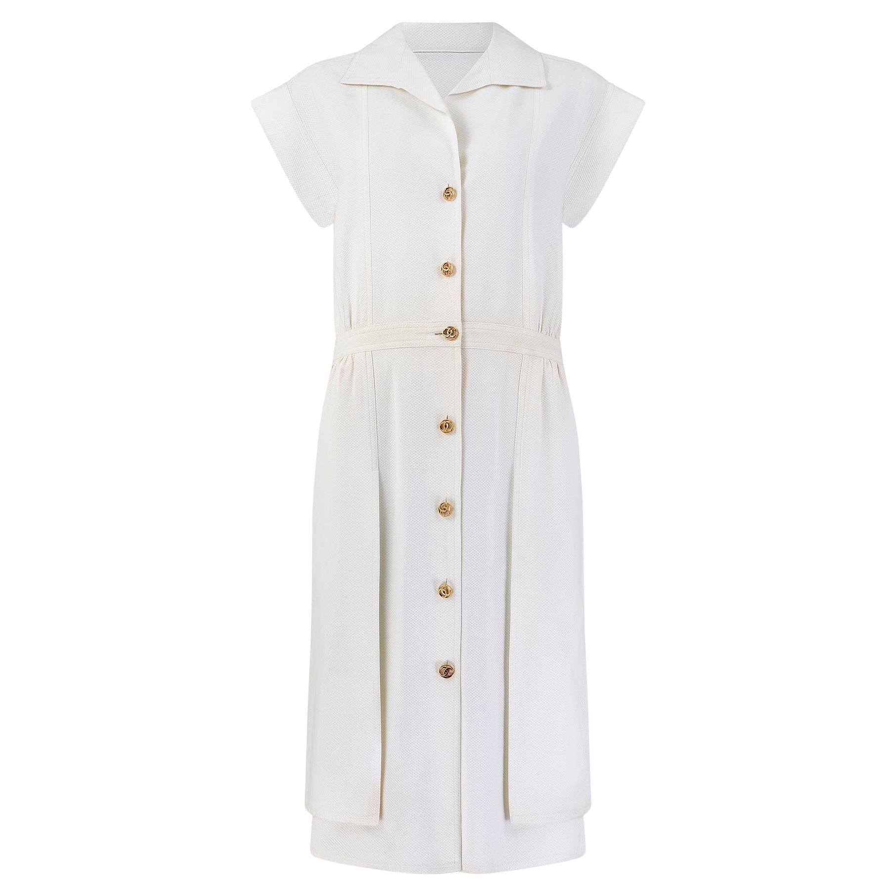 1983 Chanel White Pique Cotton CC Button Shirt Dress