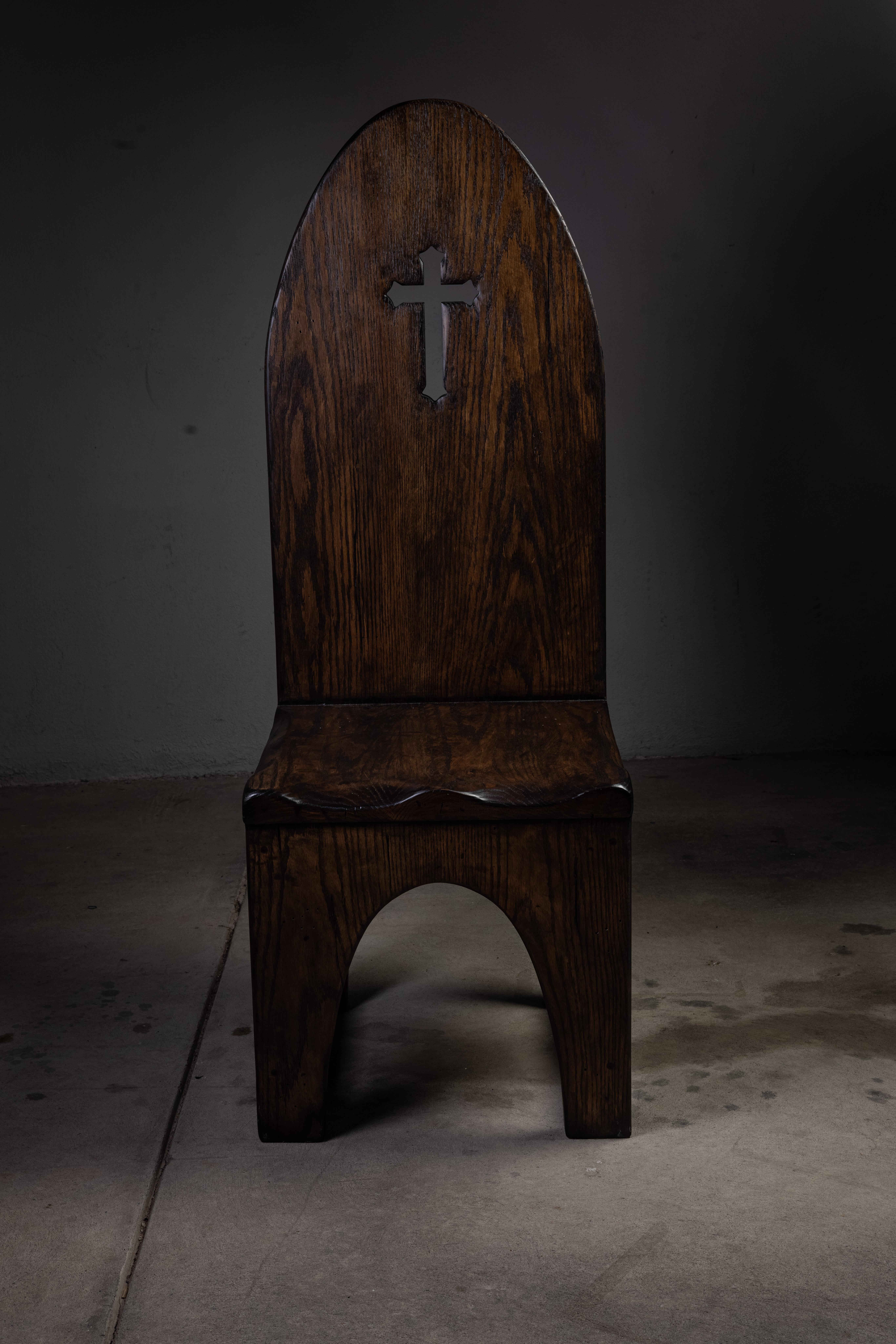 Homage to 20th century, solid oak, hand carved, medieval arched back dining chair.