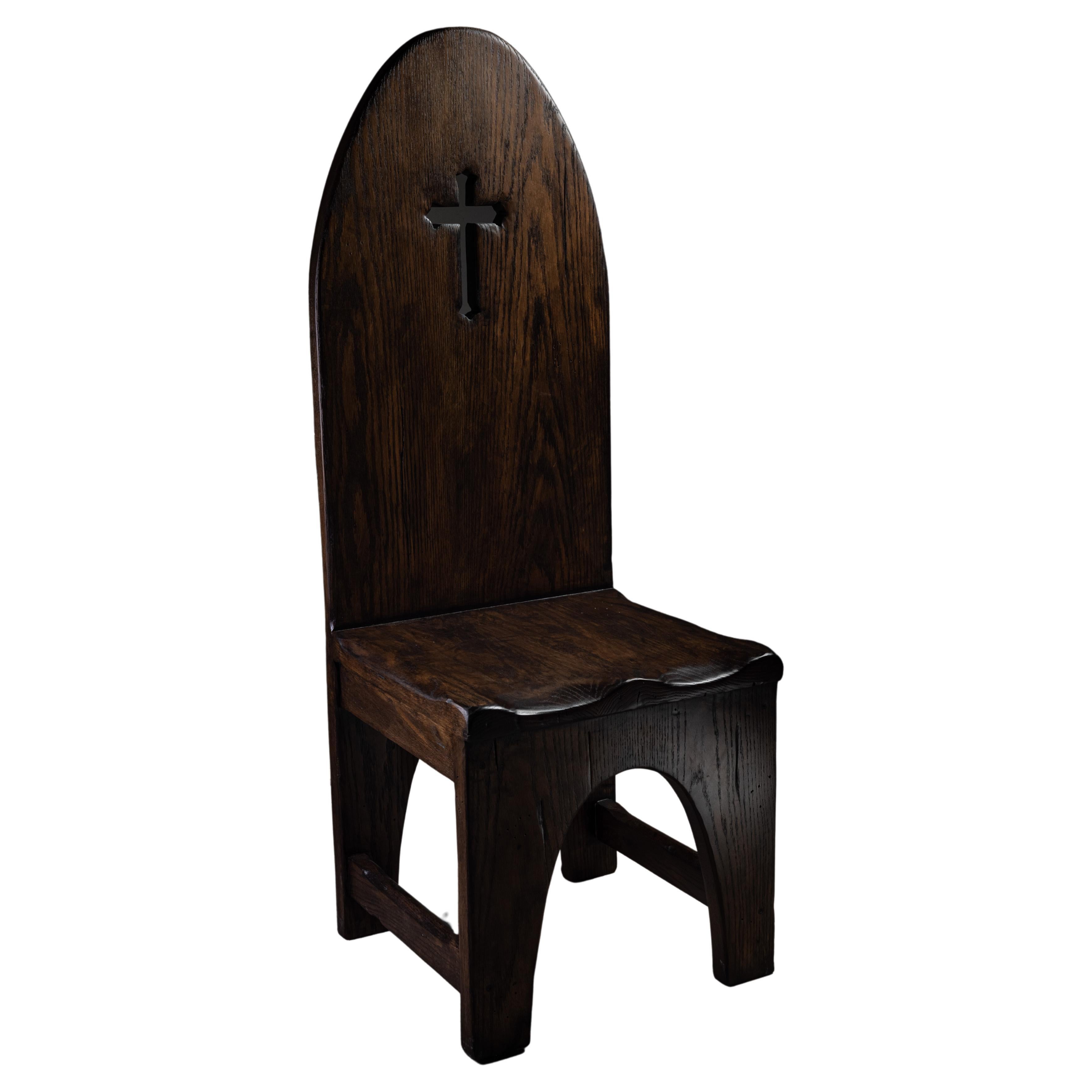 1983 Dining Chair, Homage to 20th Century, Hand Carved Oak Medieval Chair For Sale