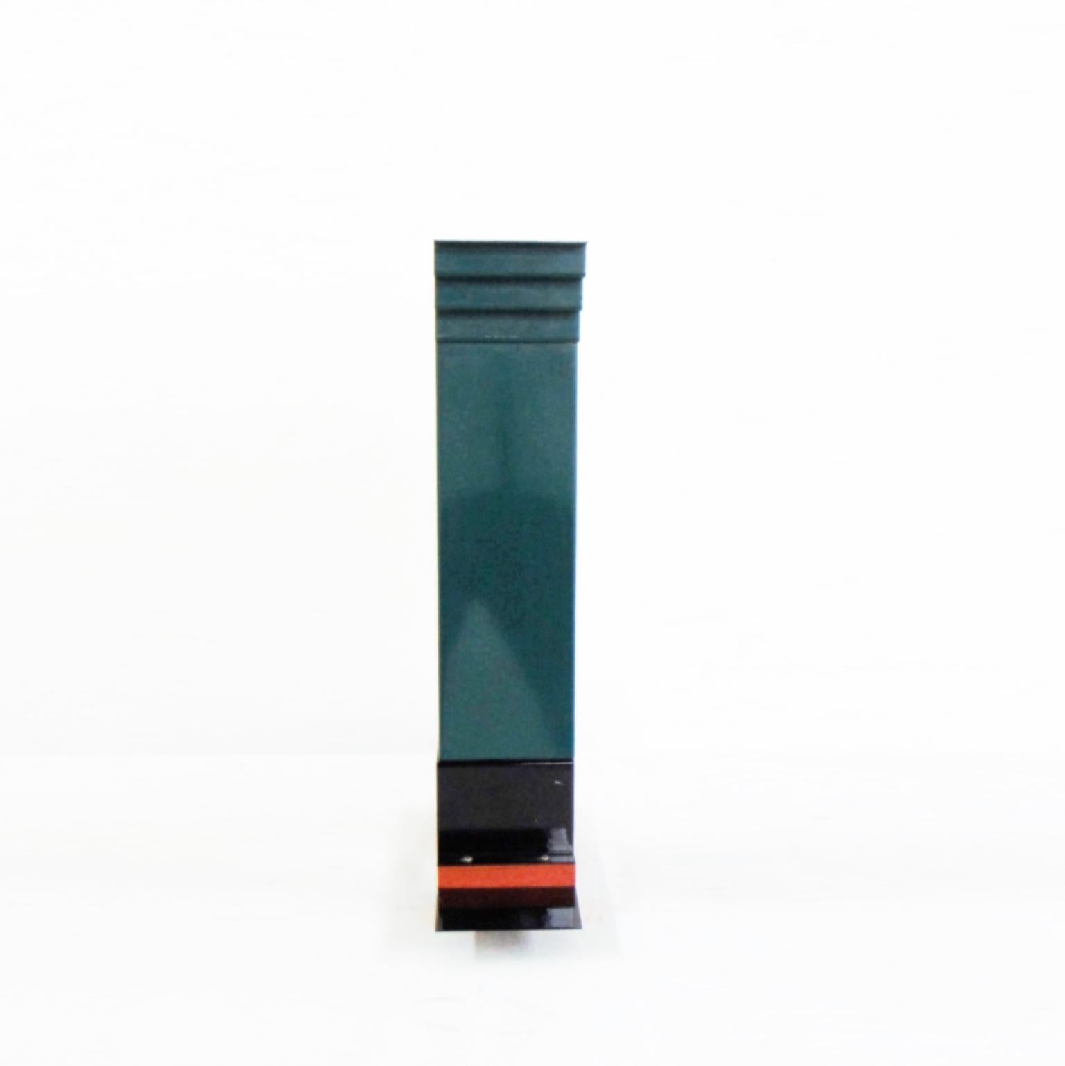 1983 G. Sowden Oppenheimer Table Clock Orange Green Enameled Steel Stained Ash 2