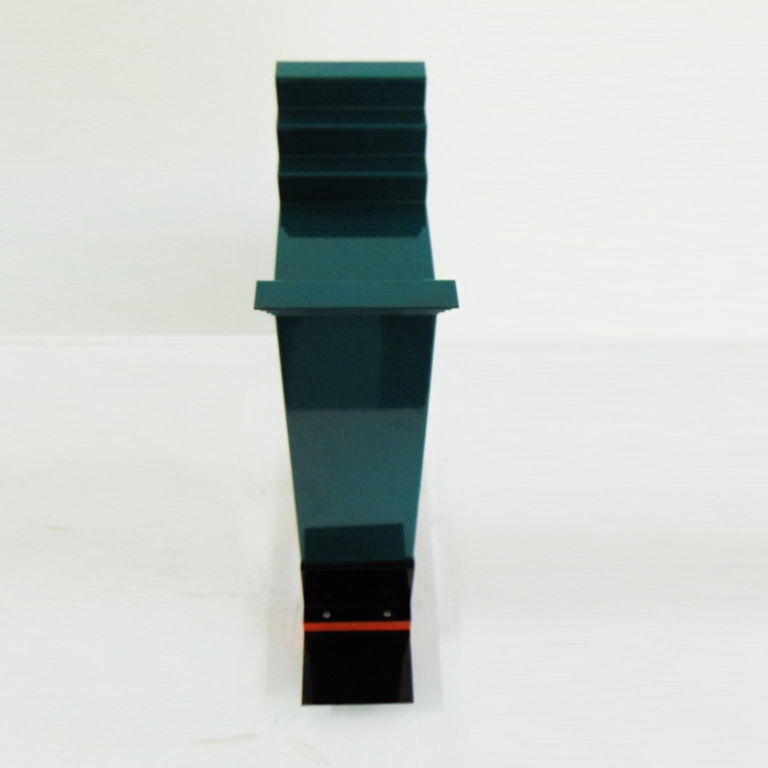 1983 G. Sowden Oppenheimer Table Clock Orange Green Enameled Steel Stained Ash 4
