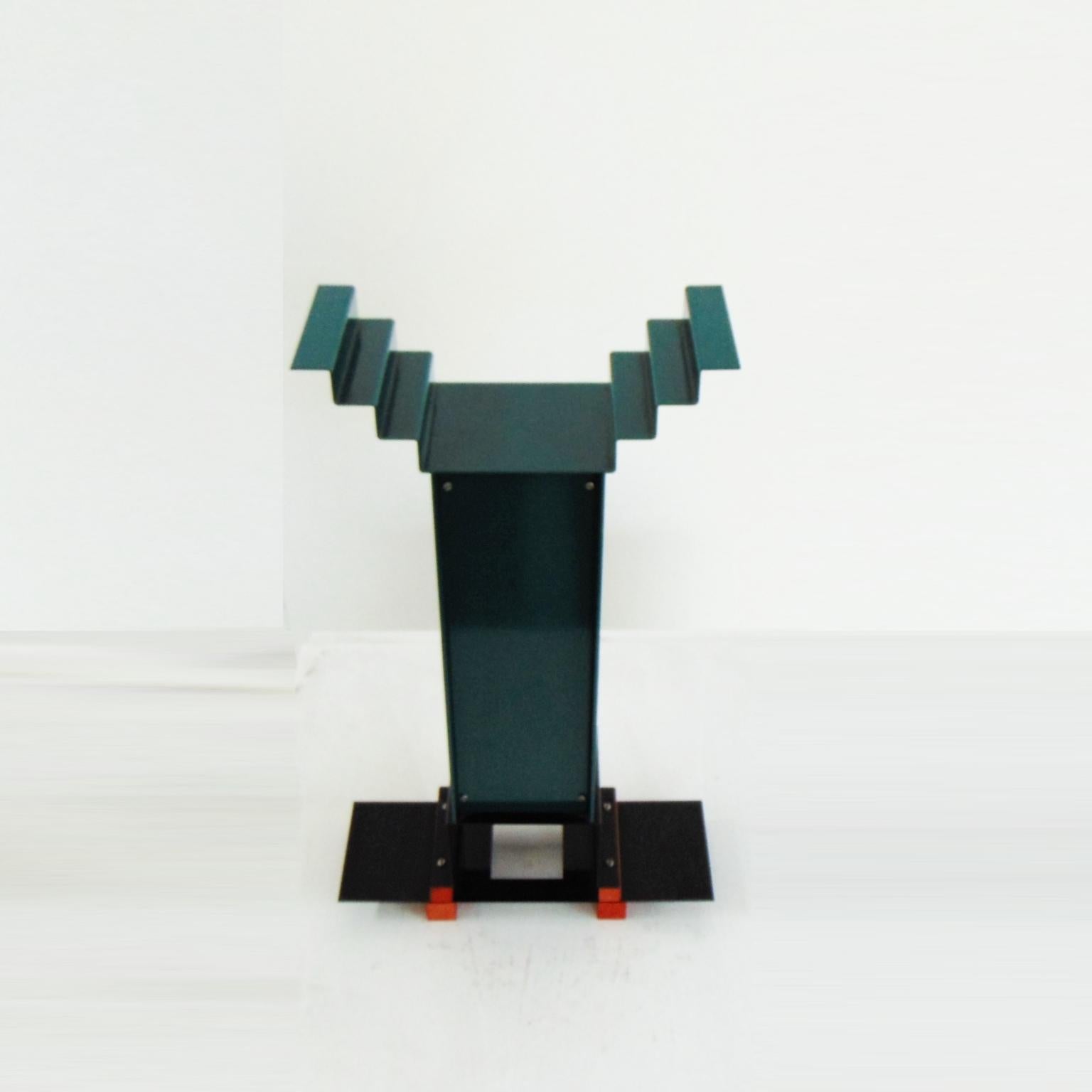 1983 G. Sowden Oppenheimer Table Clock Orange Green Enameled Steel Stained Ash 8