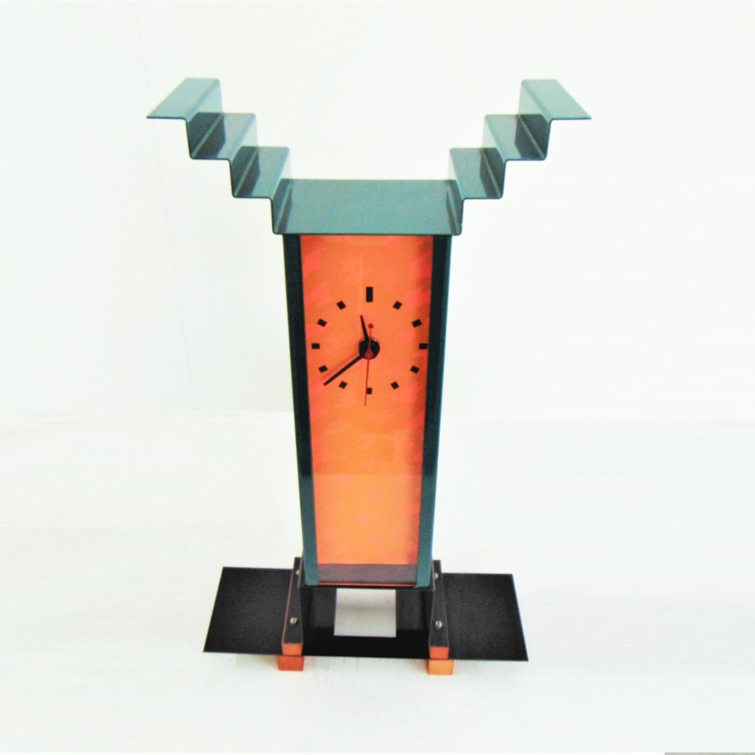 Mid-Century Modern 1983 G. Sowden Oppenheimer Table Clock Orange Green Enameled Steel Stained Ash