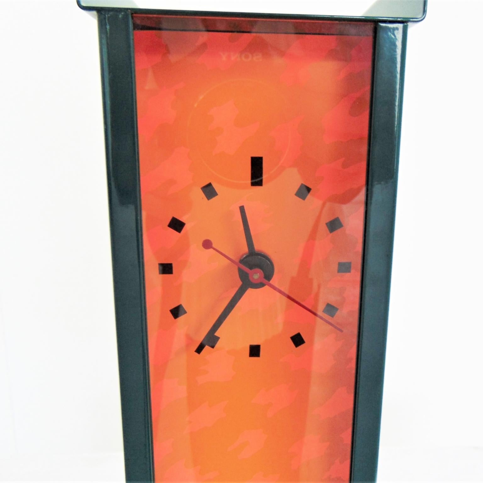 Italian 1983 G. Sowden Oppenheimer Table Clock Orange Green Enameled Steel Stained Ash