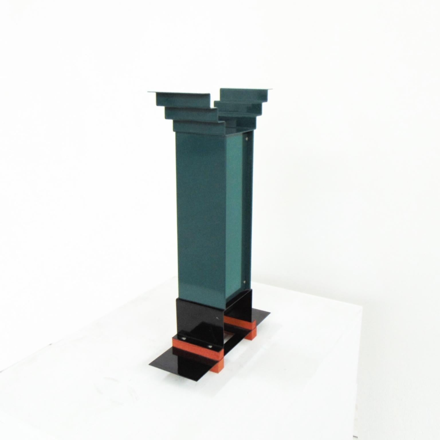 Stainless Steel 1983 G. Sowden Oppenheimer Table Clock Orange Green Enameled Steel Stained Ash