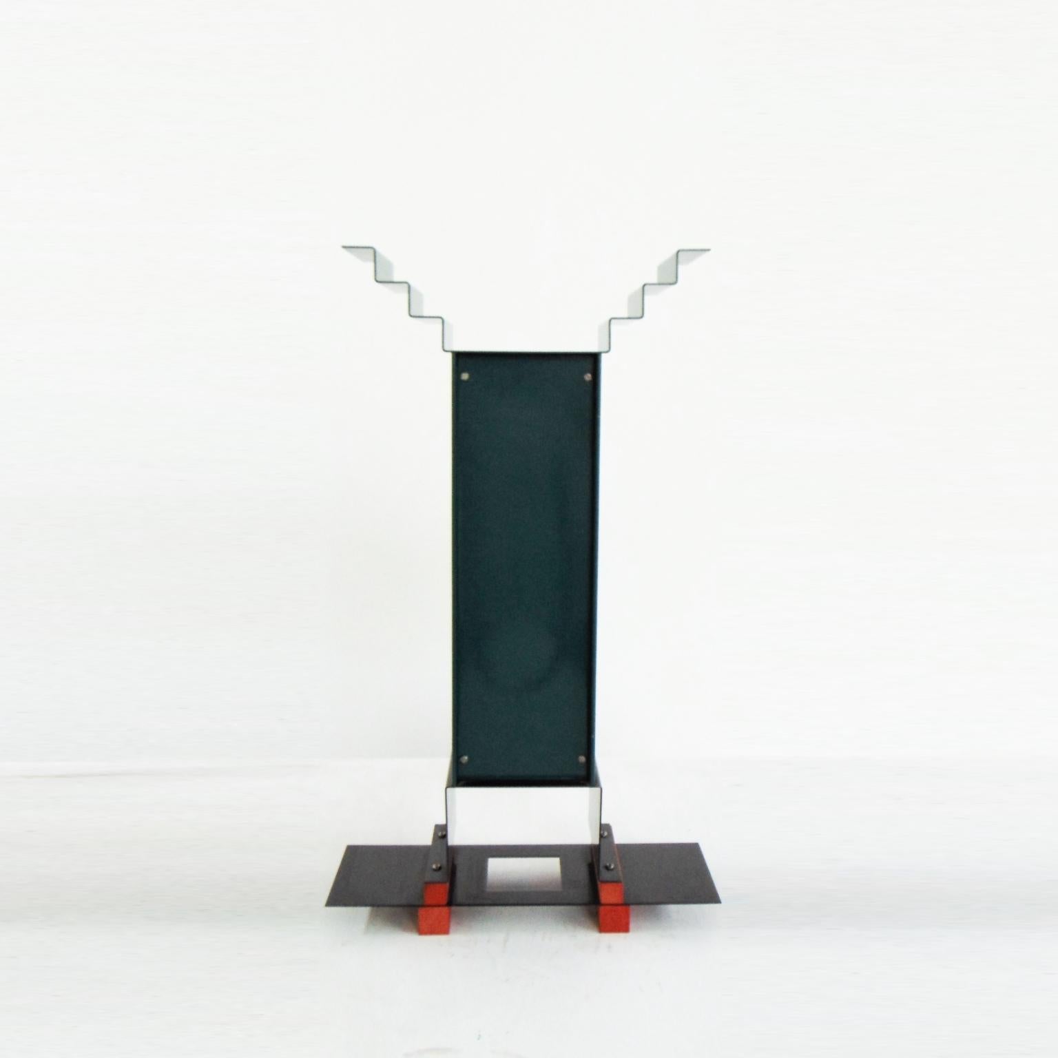 1983 G. Sowden Oppenheimer Table Clock Orange Green Enameled Steel Stained Ash 1