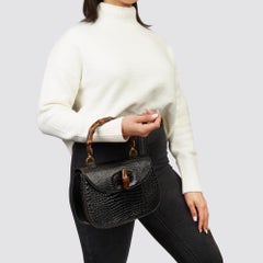 1983 Gucci Black Alligator Leather Bamboo Classic Top Handle