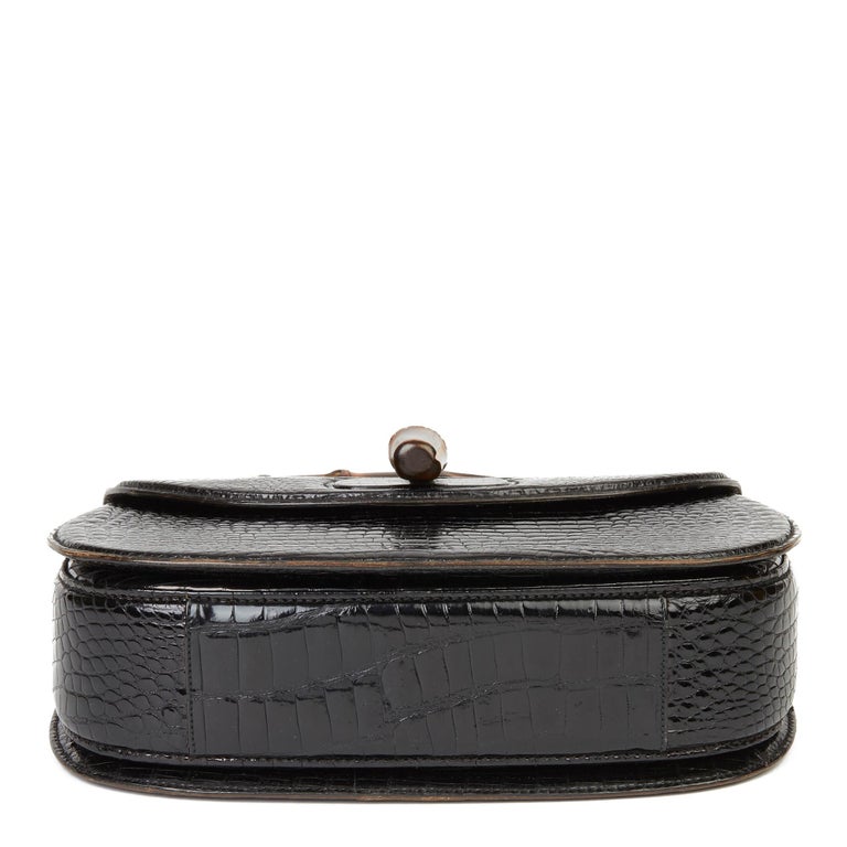 1983 Gucci Black Alligator Leather Bamboo Classic Top Handle at 1stDibs