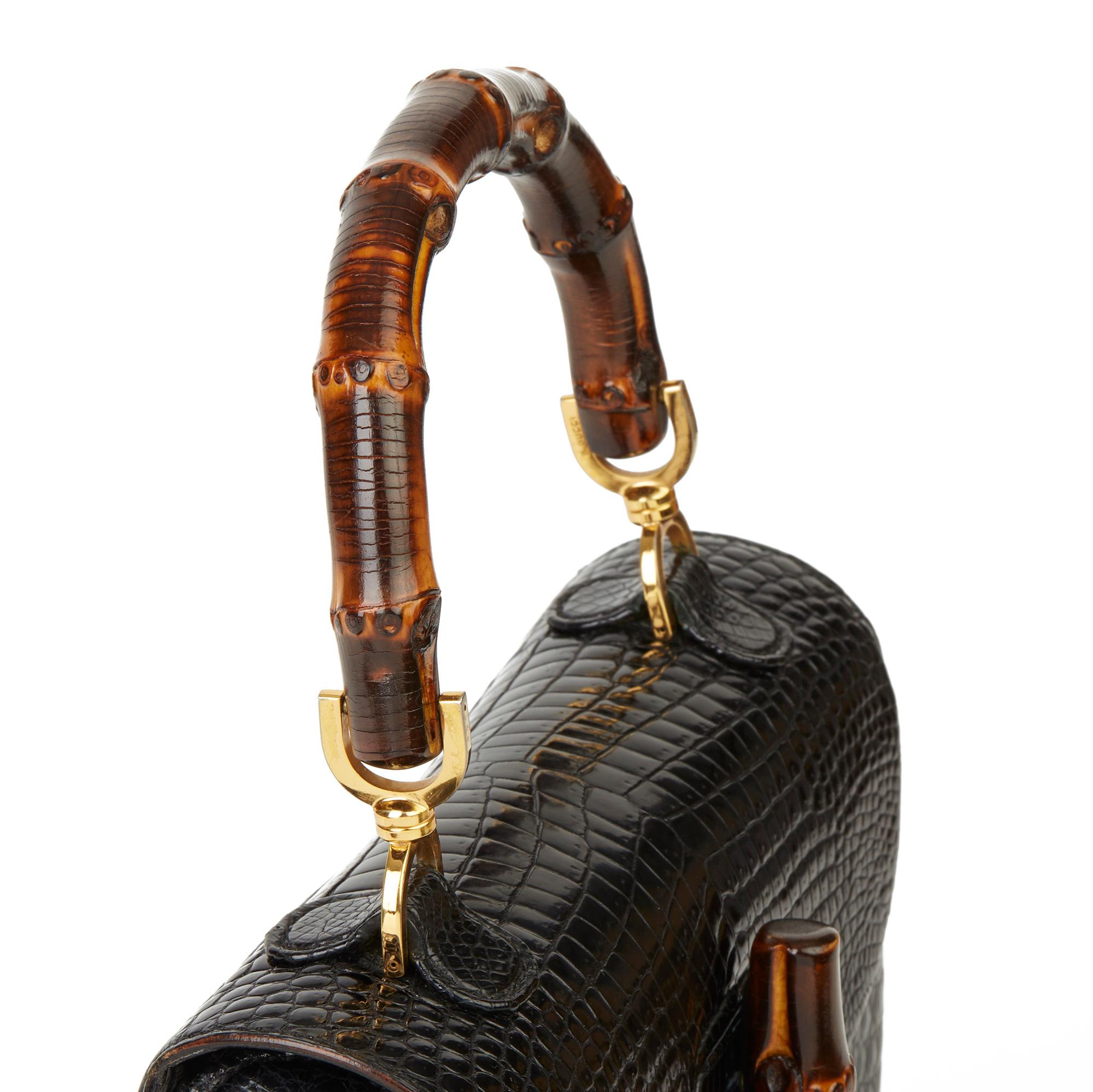 Women's 1983 Gucci Black Alligator Leather Bamboo Classic Top Handle