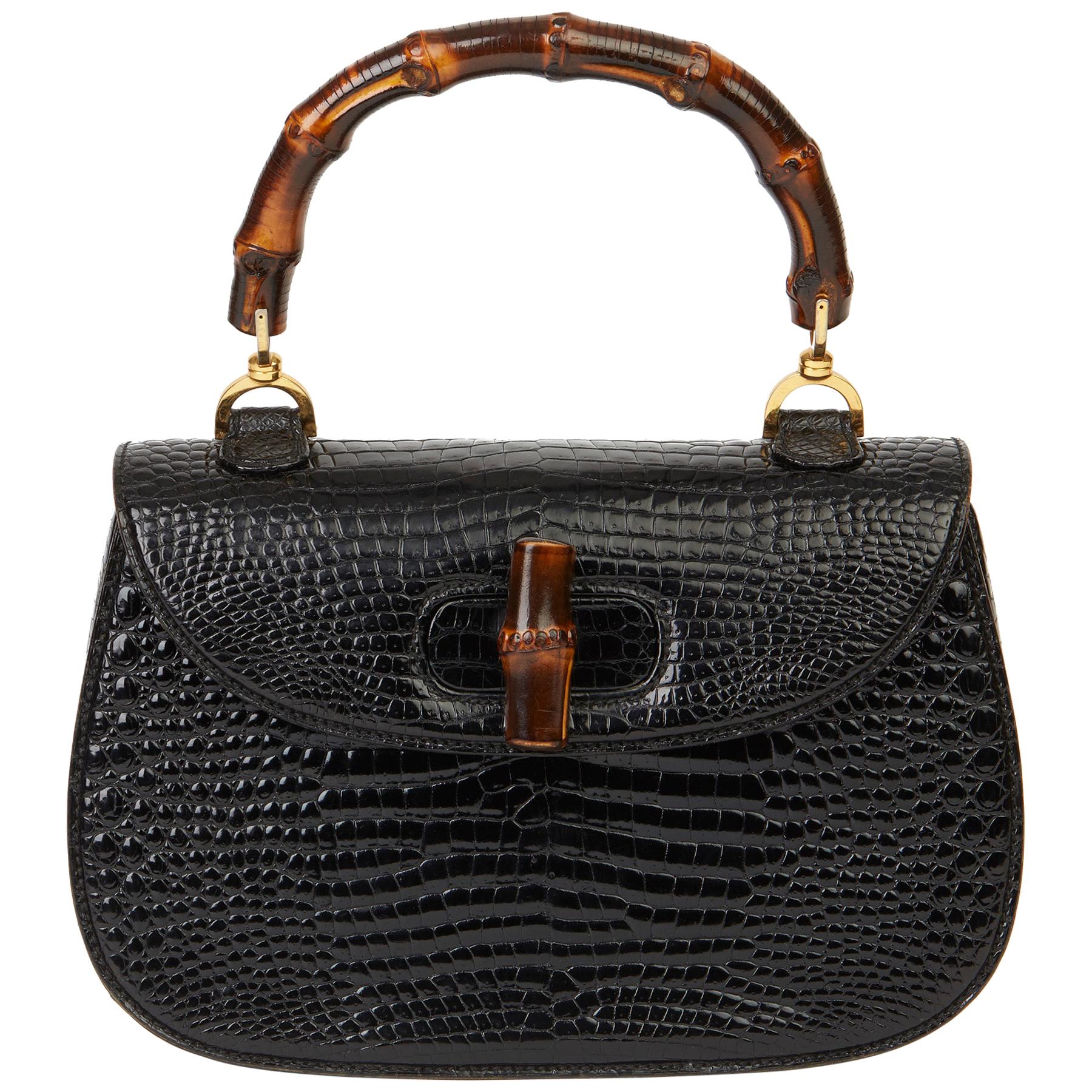 1983 Gucci Black Alligator Leather Bamboo Classic Top Handle 