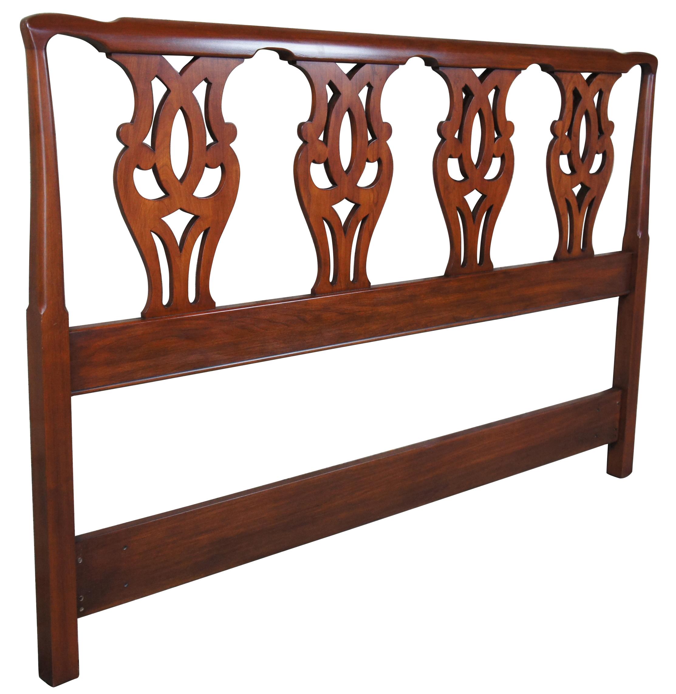 1983 Henkel Harris solid cherry Chippendale style headboard. Features four interlaced back-splats and can be used for queen or full sized beds.
 