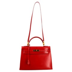 Retro 1983 Hermes Kelly Handbag Red Leather 