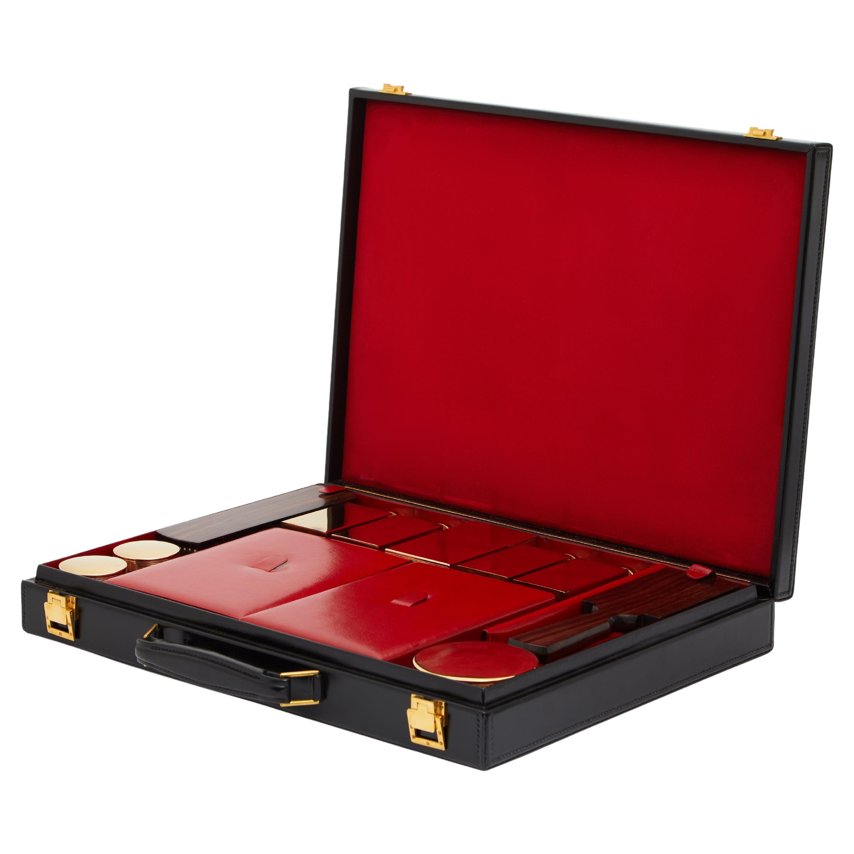 1983 Hermès malette attache case Quirius (48H) hand made, black leather “box”, completed with additional trousse de voyage set (manicure-pedicure set, brass bottles and boxes, comb, hairbrush and clothes brush). Complete with custom made external