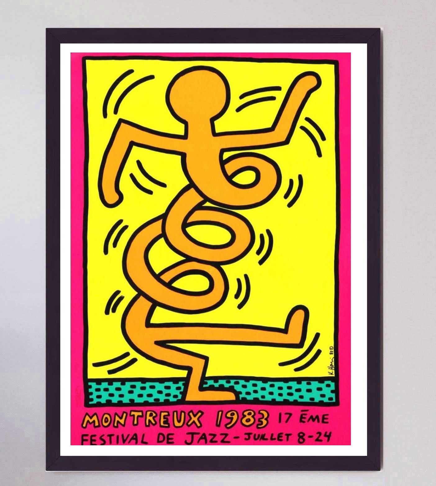 Fin du 20e siècle Affiche vintage d'origine rose du festival de jazz de Montreux par Keith Haring, 1983 en vente