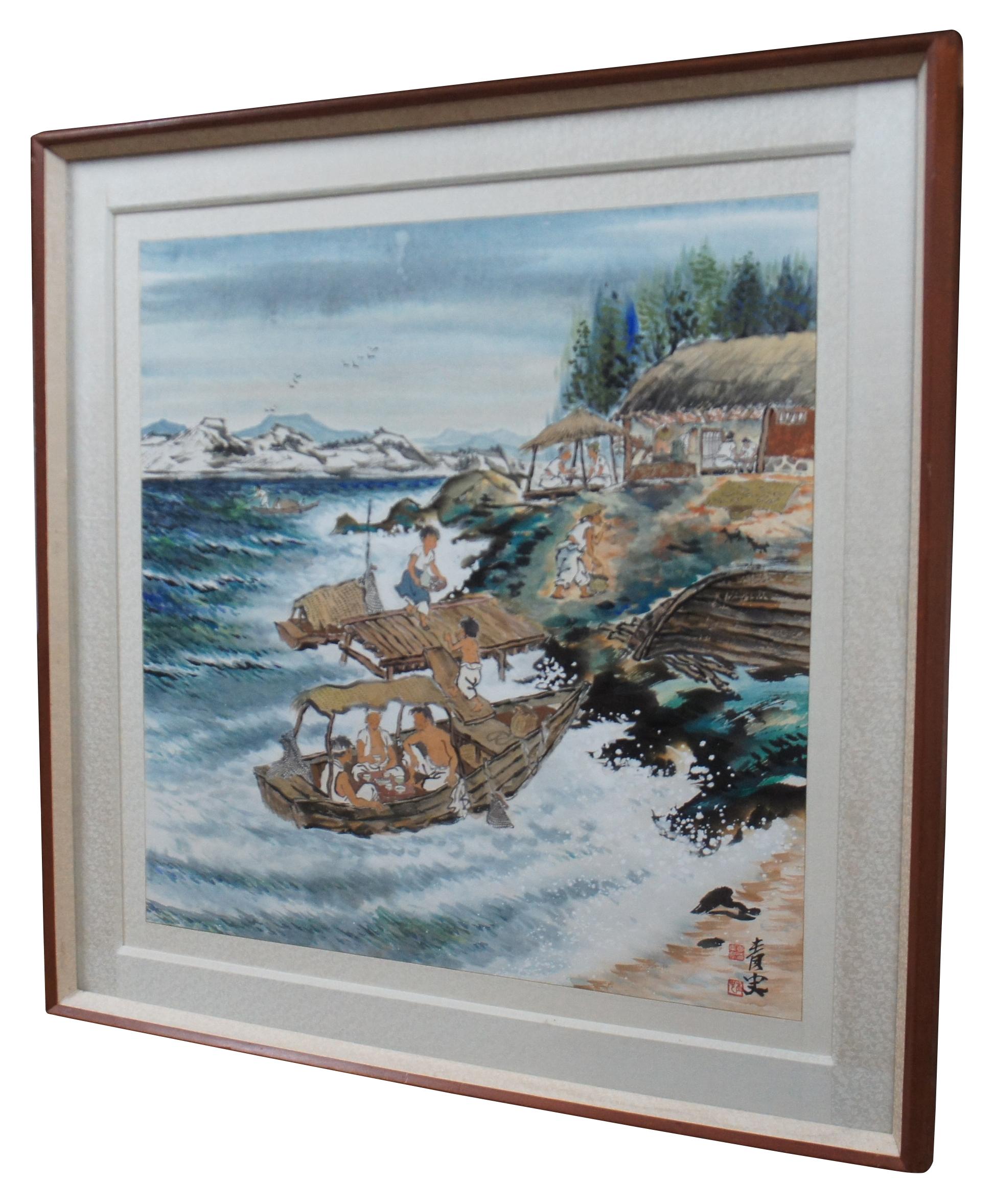 Vintage 1983 watercolor painting by Chinese/Korean artist and university lecturer Lee Dong-Sik. Purchase at the Invitational Exhibition of Lee, Dong Sik Oriental Painting at the Sam Il Gallery. Painting shows a seascape scene of figures working /