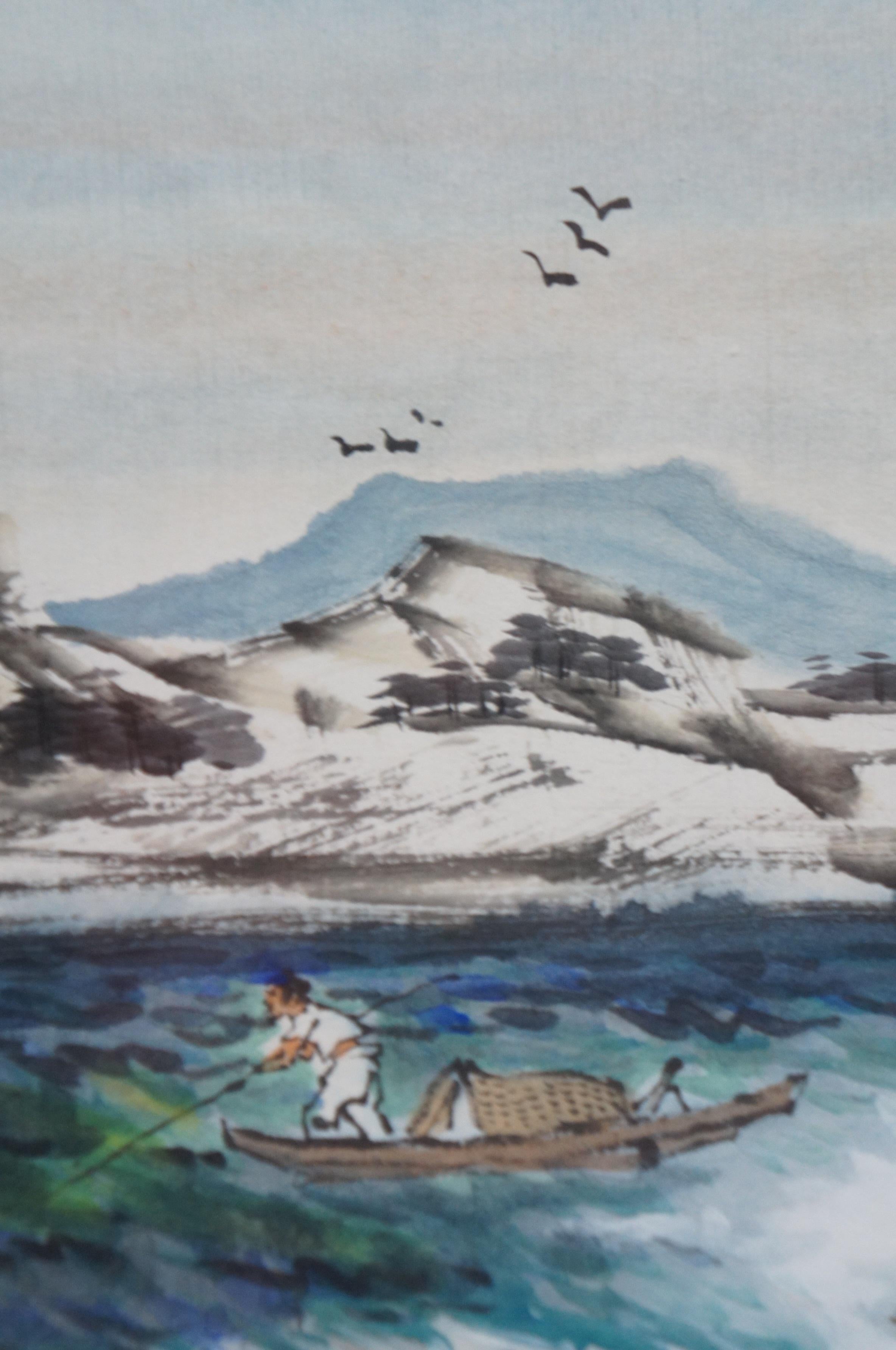 Late 20th Century 1983 Lee Dong Sik Oriental Seascape Watercolor Painting Sampan Fishing Boats For Sale