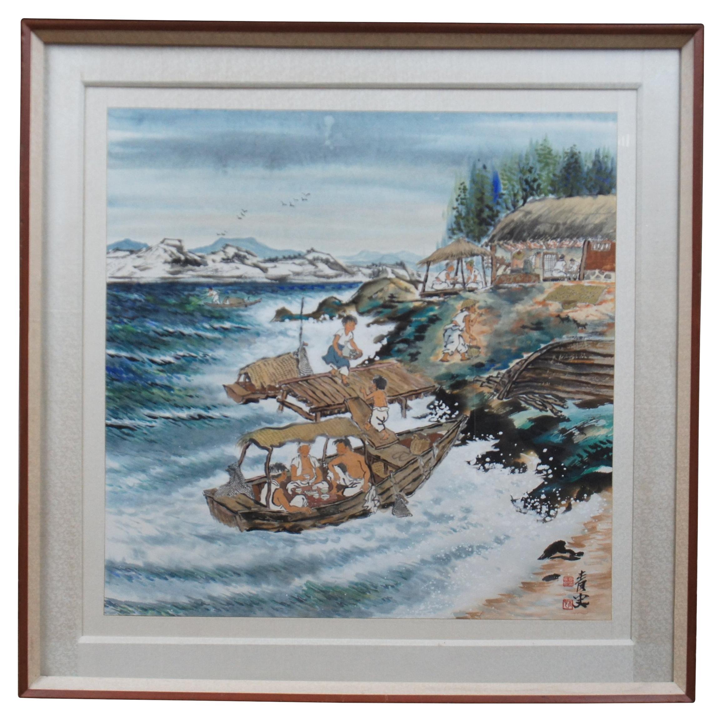 1983 Lee Dong Sik Paysage marin oriental Peinture à l'aquarelle Sampan Bateaux de pêche