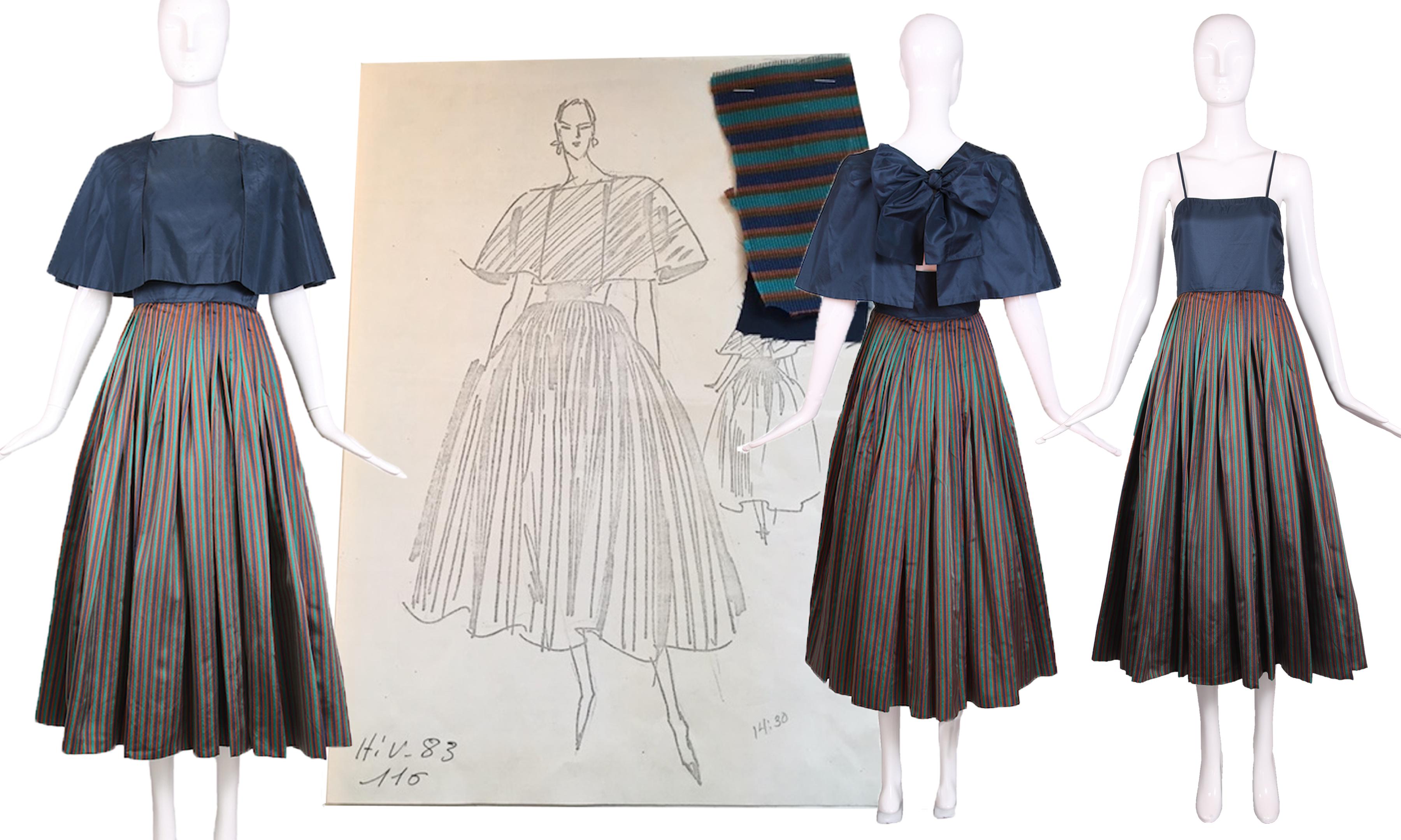 1983 Madame Gres Haute Couture Blaues & gestreiftes Taft-Cocktailkleid mit Kapuze im Angebot 3