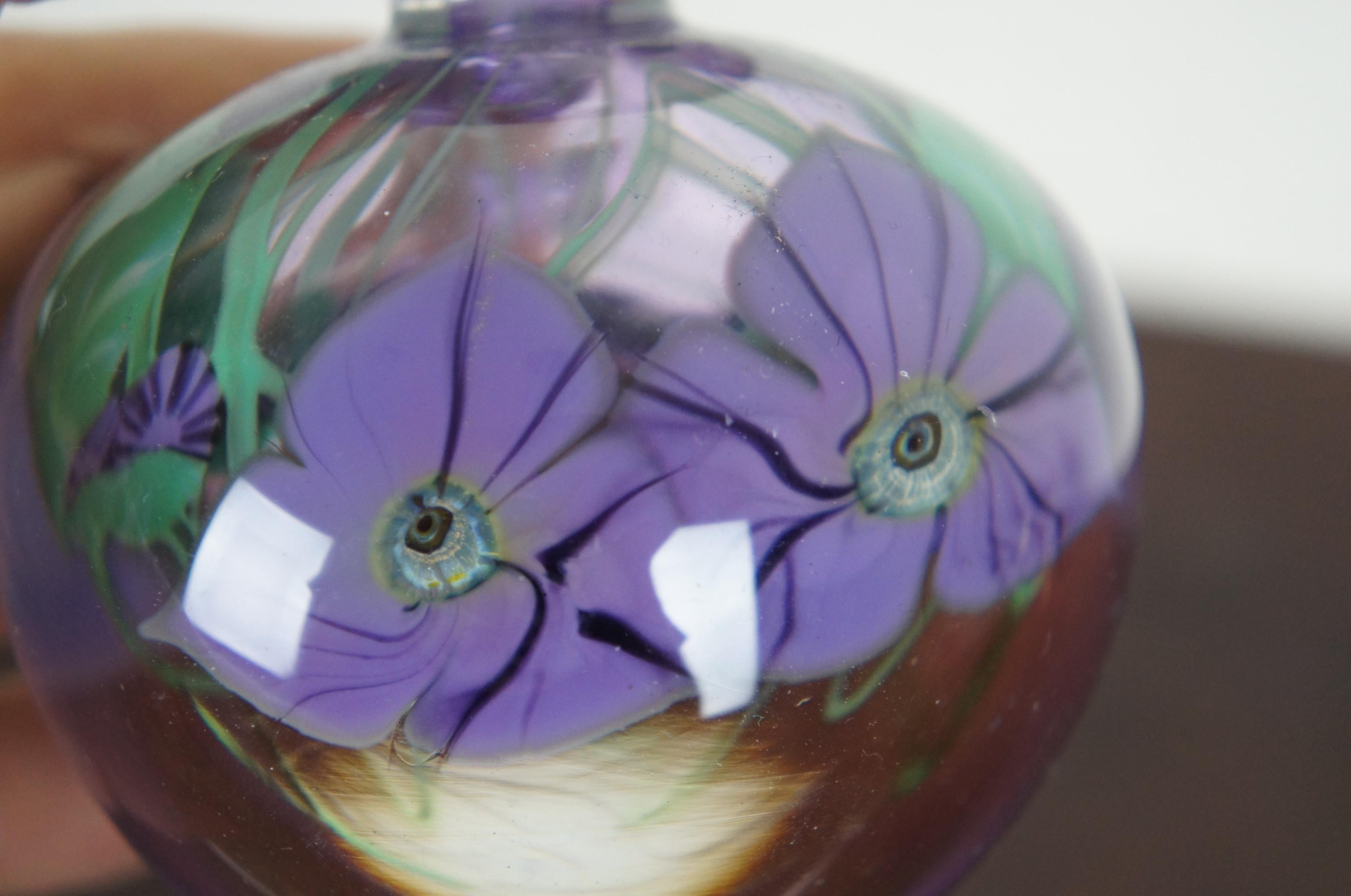 1983 Mary Angus Hand Blown Art Glass Perfume Bottle Purple Flowers 2