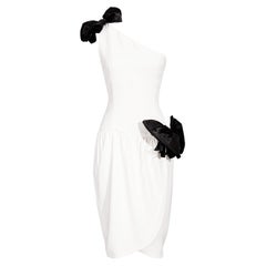 Retro 1983 Oscar de la Renta White Asymmetrical Above-Knee Dress with Bows