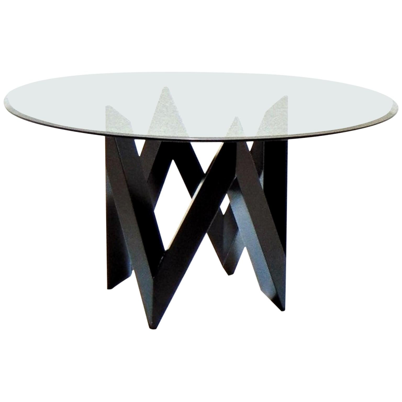 1983 Patio Table Black Lacquer Round Glass Top, De Pas D'urbino Lomazzi, Sormani