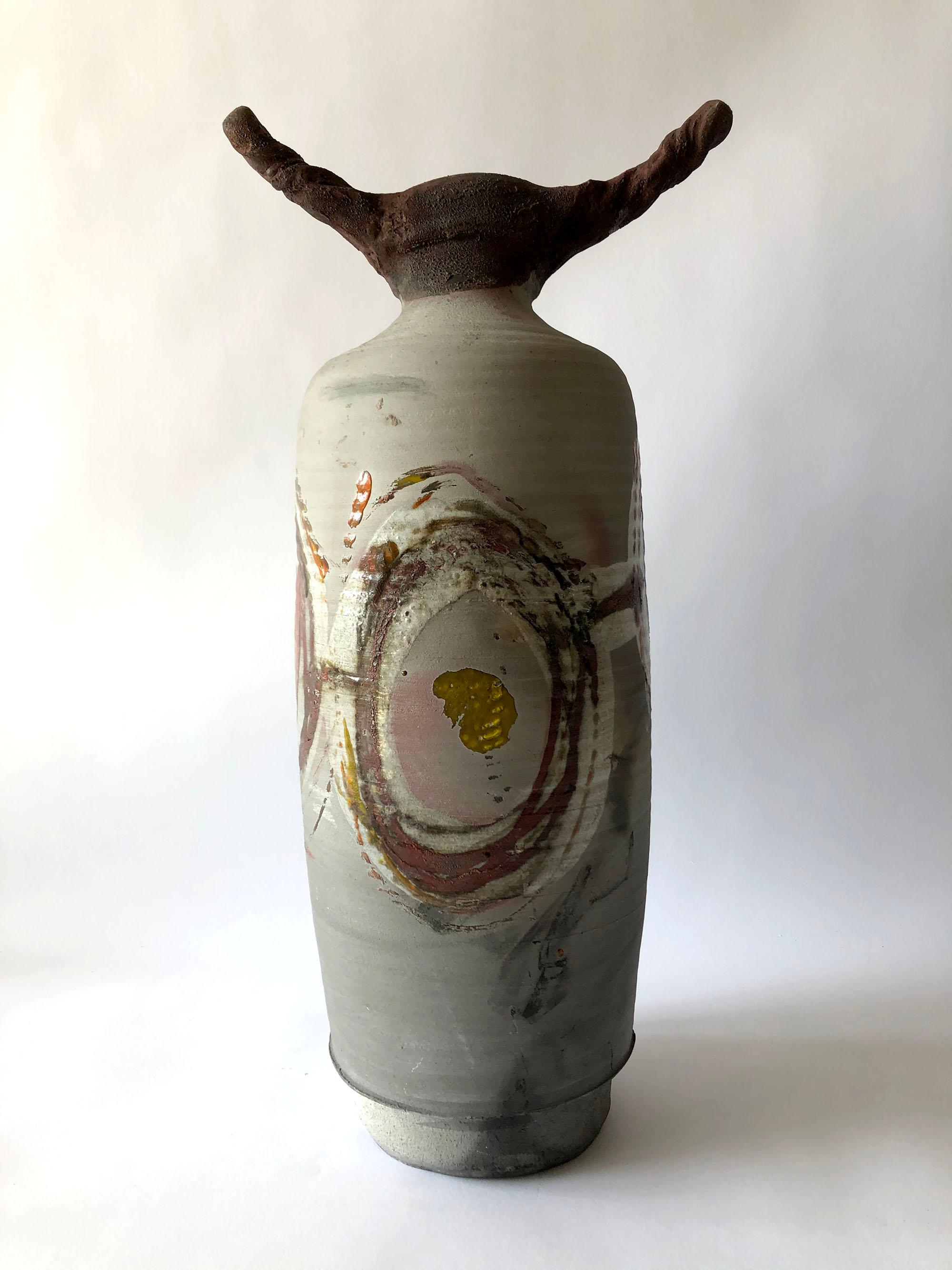 Raku fired earthenware sculptural form signed Perkins, 83, created by Lyle Perkins of Rhode Island. Piece measures 20