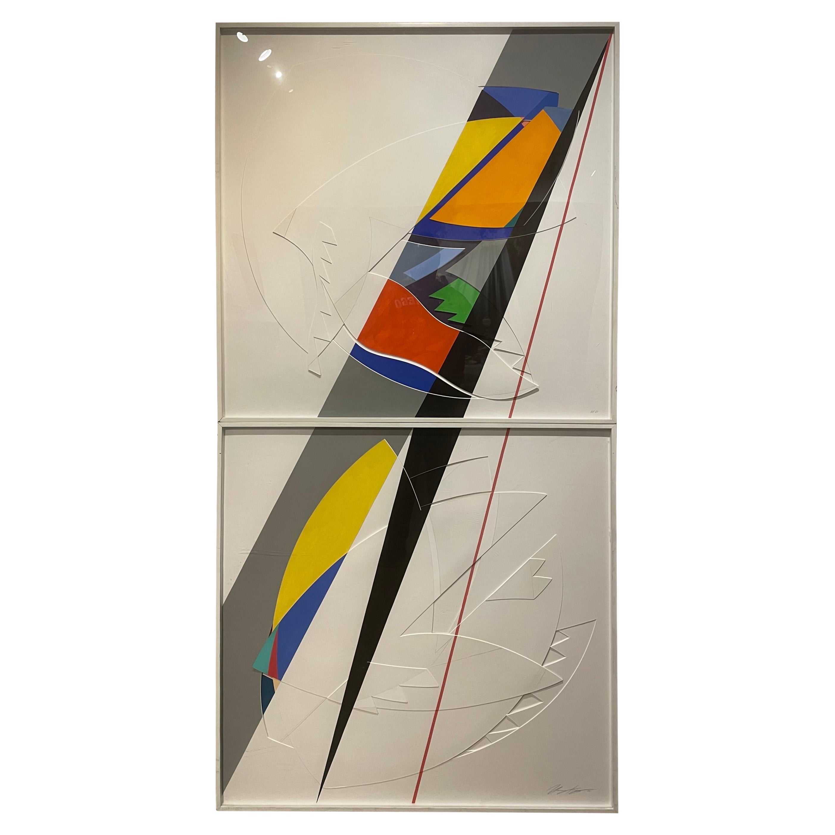 1983 Postmodern 2 Piece Triptych Framed Mix Media by Nancy Kay Signed 
Dated