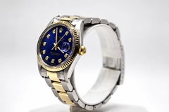 1983 Rolex Blue Oyster Perpetual Date Just Wristwatch 18k Bezel 14k Bracelet