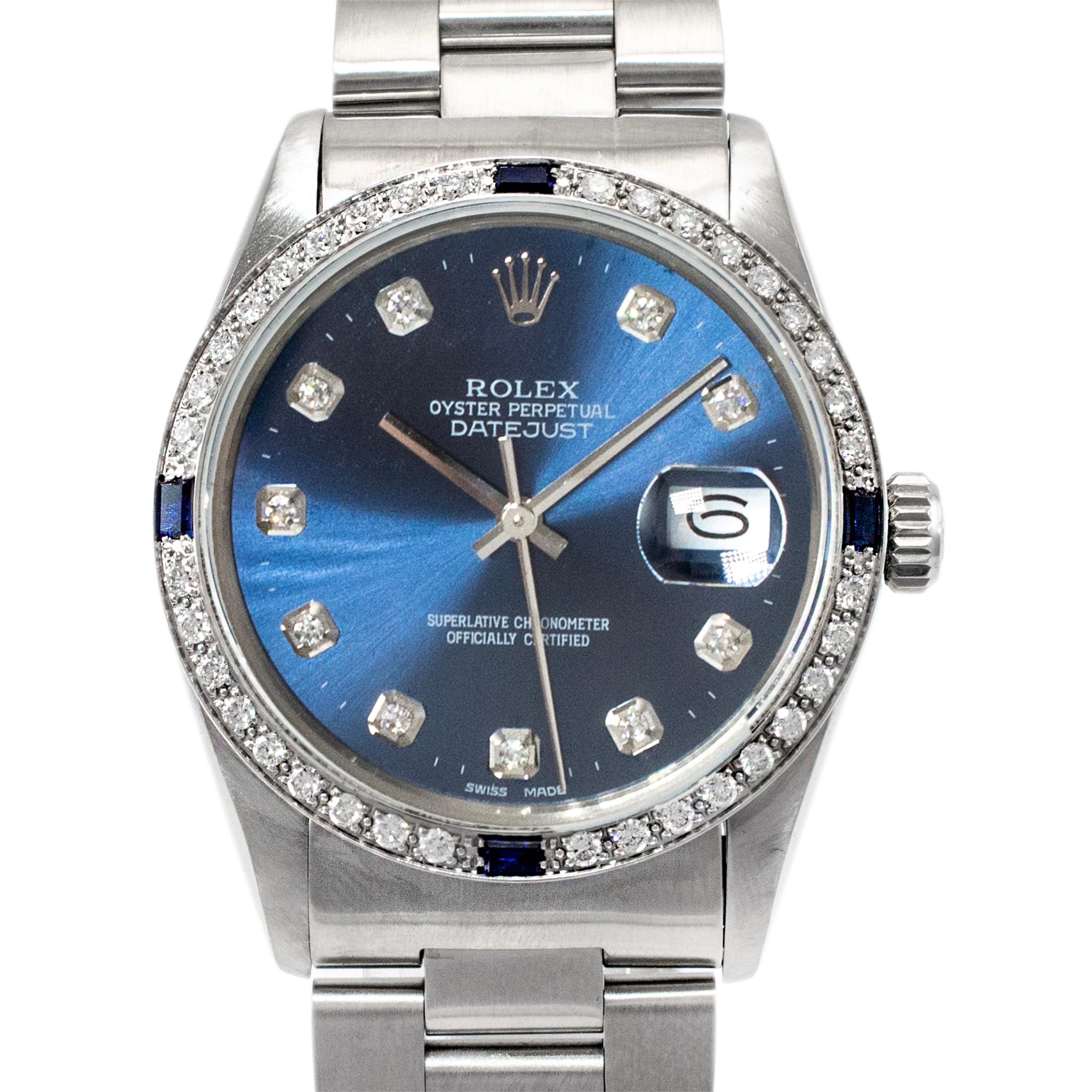 Marke:  Rolex

Geschlecht: Unisex

Metalltyp: Rostfreier Stahl

Durchmesser: 36,00 mm

Gewicht: 109,88 Gramm

Eine Edelstahl Diamant und Saphir ROLEX Swiss made Uhr. Das Metall wurde getestet und als rostfreier Stahl eingestuft. Die Marke 