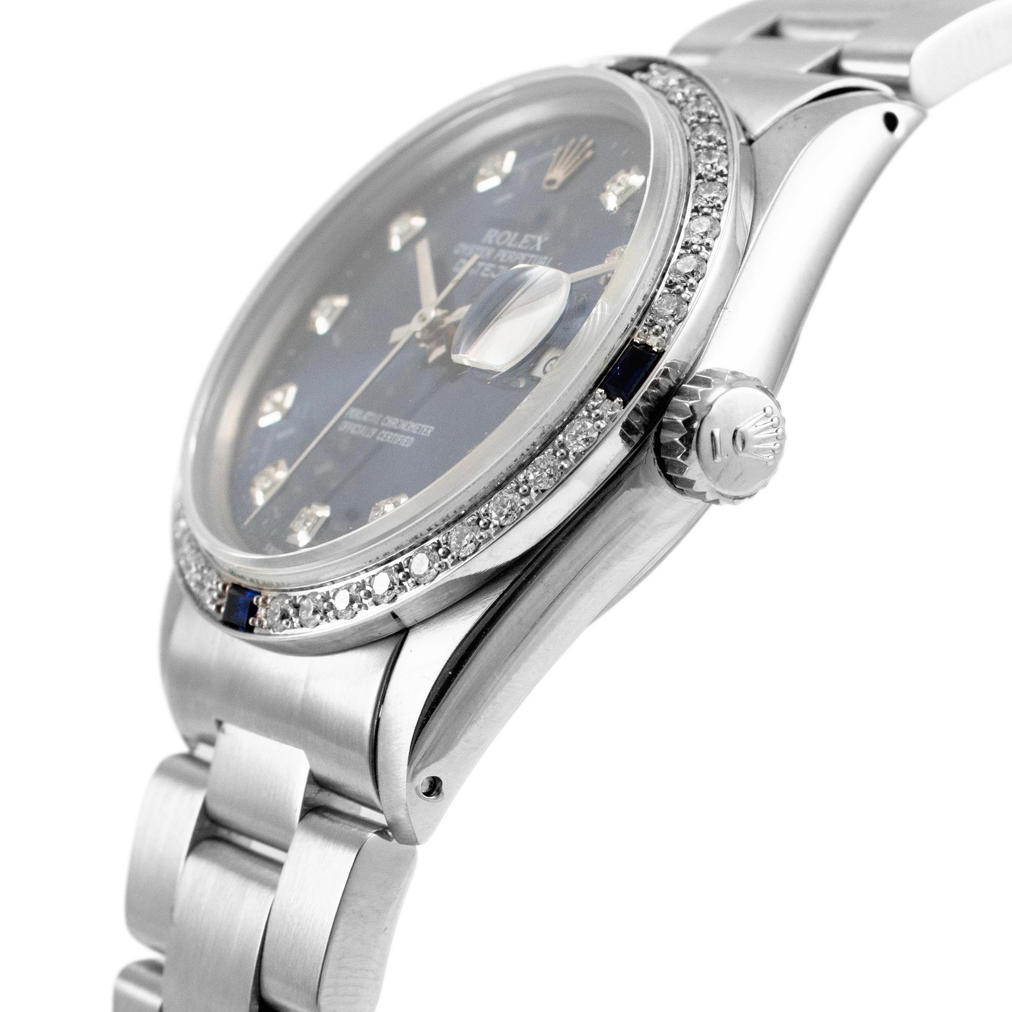 1983 Rolex Datejust 36MM 16014 Diamant-Saphir-Lünette Blaues Zifferblatt Stahluhr (Rundschliff)