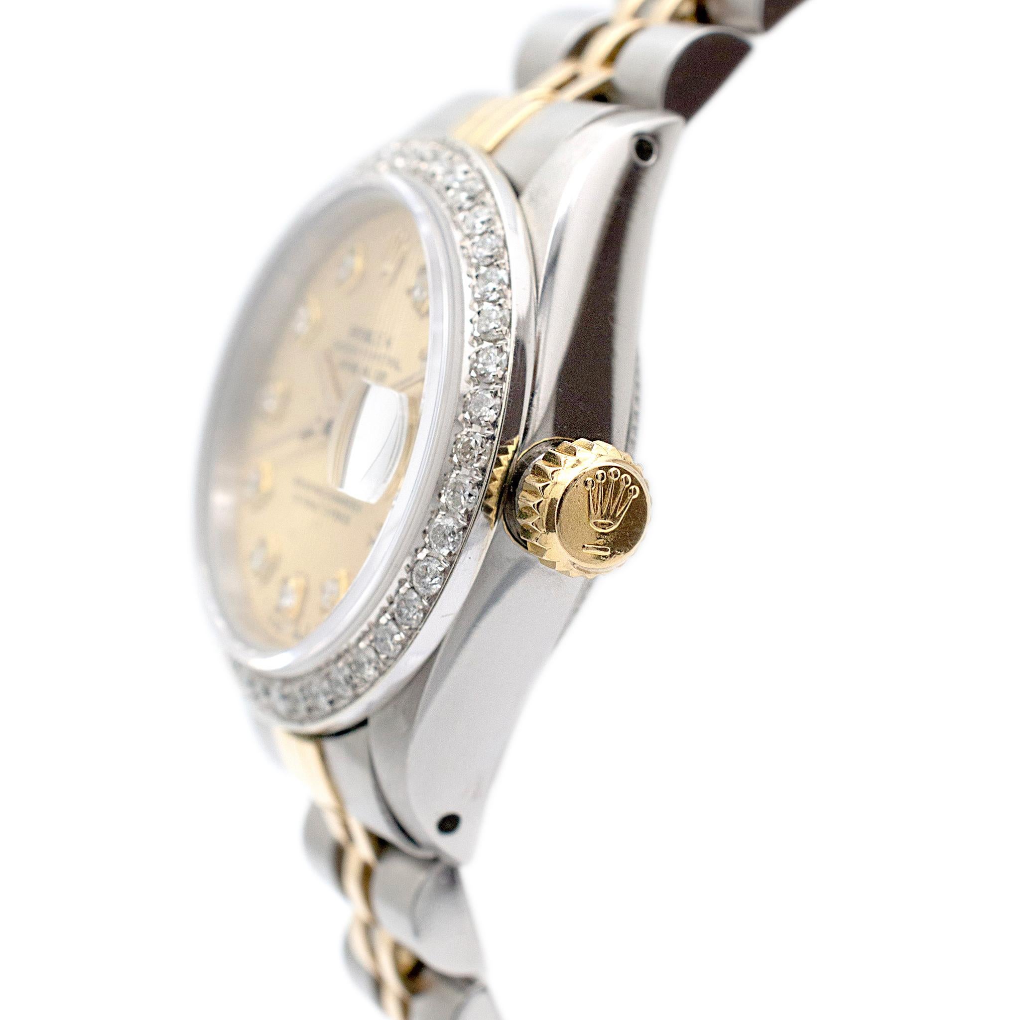 Round Cut 1983 Rolex Ladies Datejust 26MM 6917 Diamond Dial Bezel Jubilee Gold Steel Watch