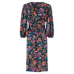1983 Runway Saint Laurent Floral and Polka-Dot Bell-Sleeve Silk Dress