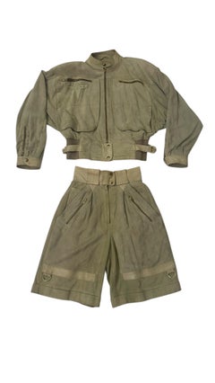 1983 S/S Claude Montana x IDEAL CUIR tan leather runway bomber and bermuda shorts