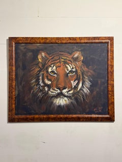 1983 Signed Tiger Portrait Oil Painting by Neil Edgar in Burlwood-Style Frame
