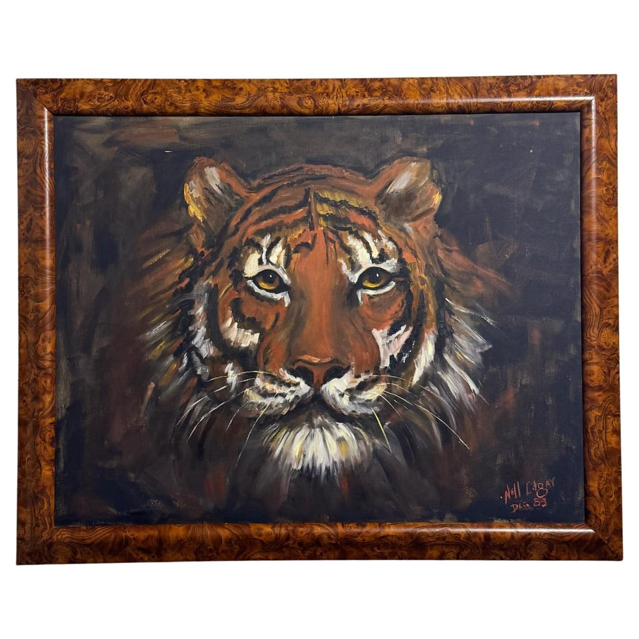 1983 Signiertes Tigerporträt-Ölgemälde von Neil Edgar im Burlwood-Stil-Rahmen