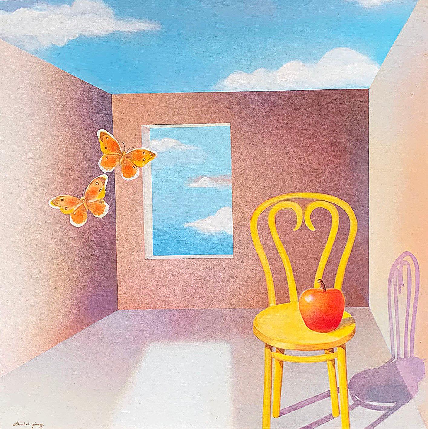 Cette peinture de Libertad Gomez, 1983 est une bouffée d'air frais. Nous aimons l'utilisation des couleurs et le rendu de l'artiste d'un environnement extérieur. Le cadre est en argent et présente une certaine décoloration à certains endroits, comme