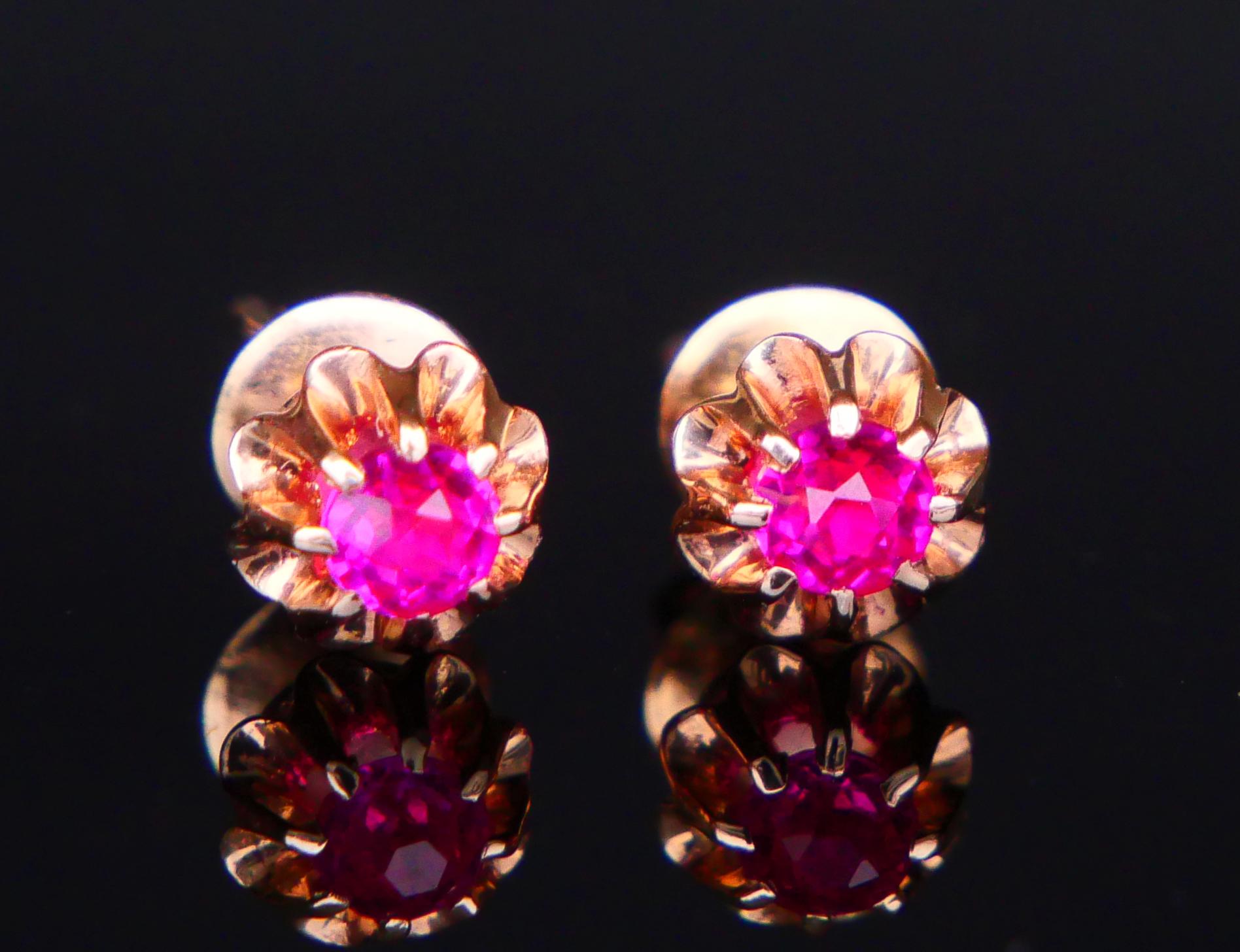 Retro 1983 USSR Soviet Russian Earrings Ruby solid 14K 583 Rose Gold / 2.58 gr