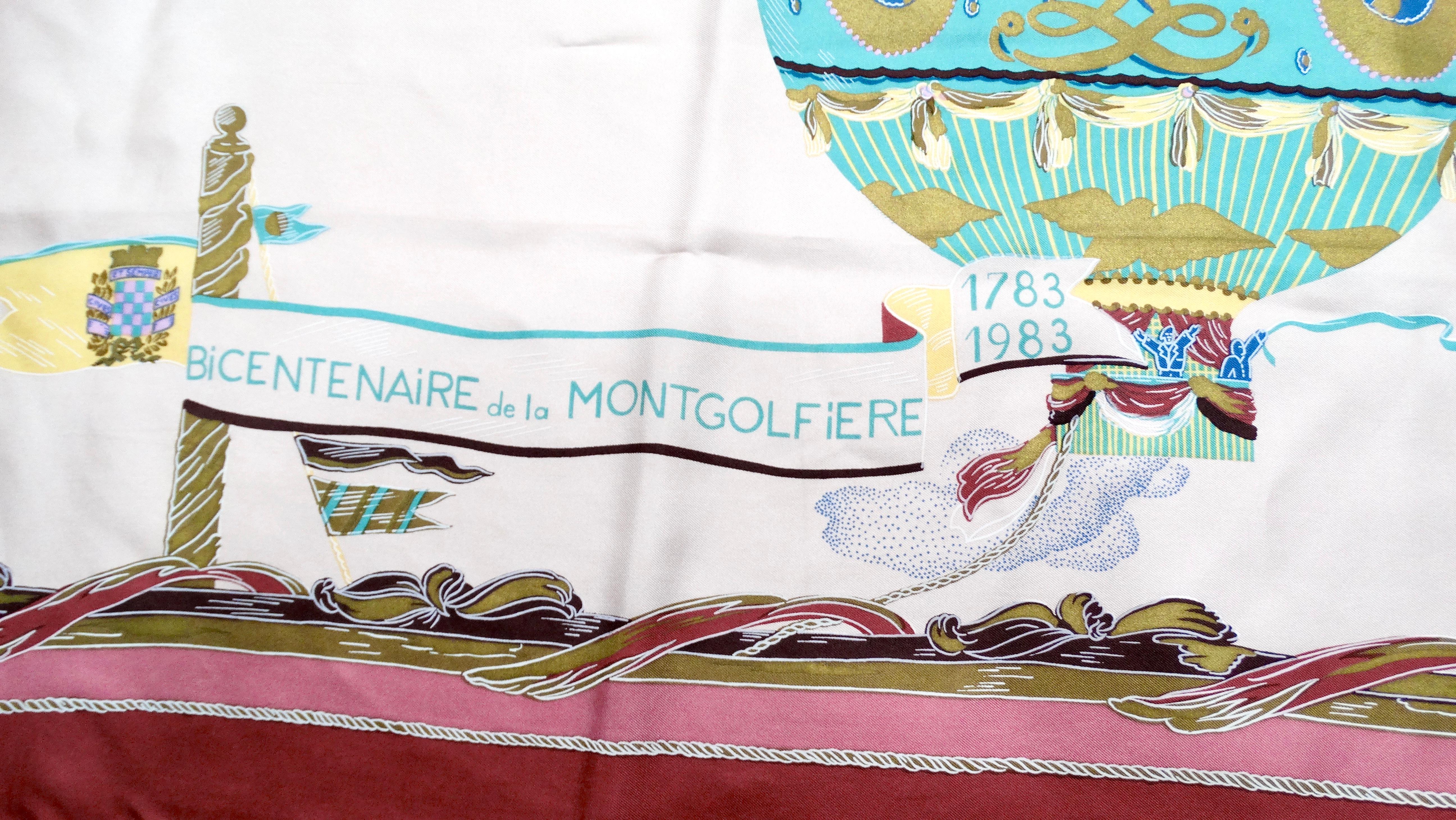 Immerse yourself in the enchanting history of aviation with this exquisite 1983 Vintage French Hot Air Balloon Print Silk Scarf. This stunning accessory features a vibrant design commemorating 200 years of hot air ballooning in Annonay, France,