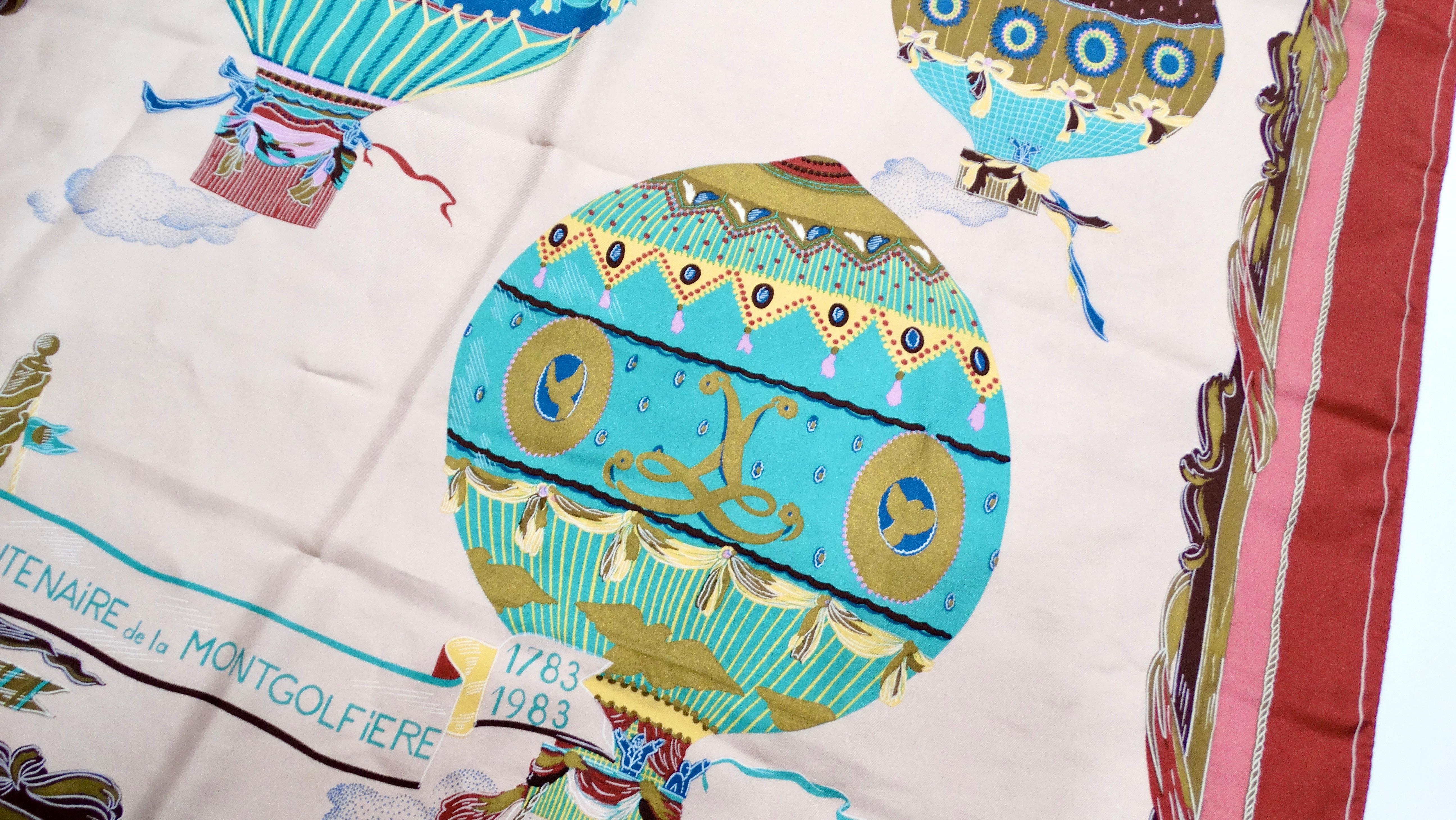 Beige 1983 Vintage French Hot Air Balloon Print Silk Scarf