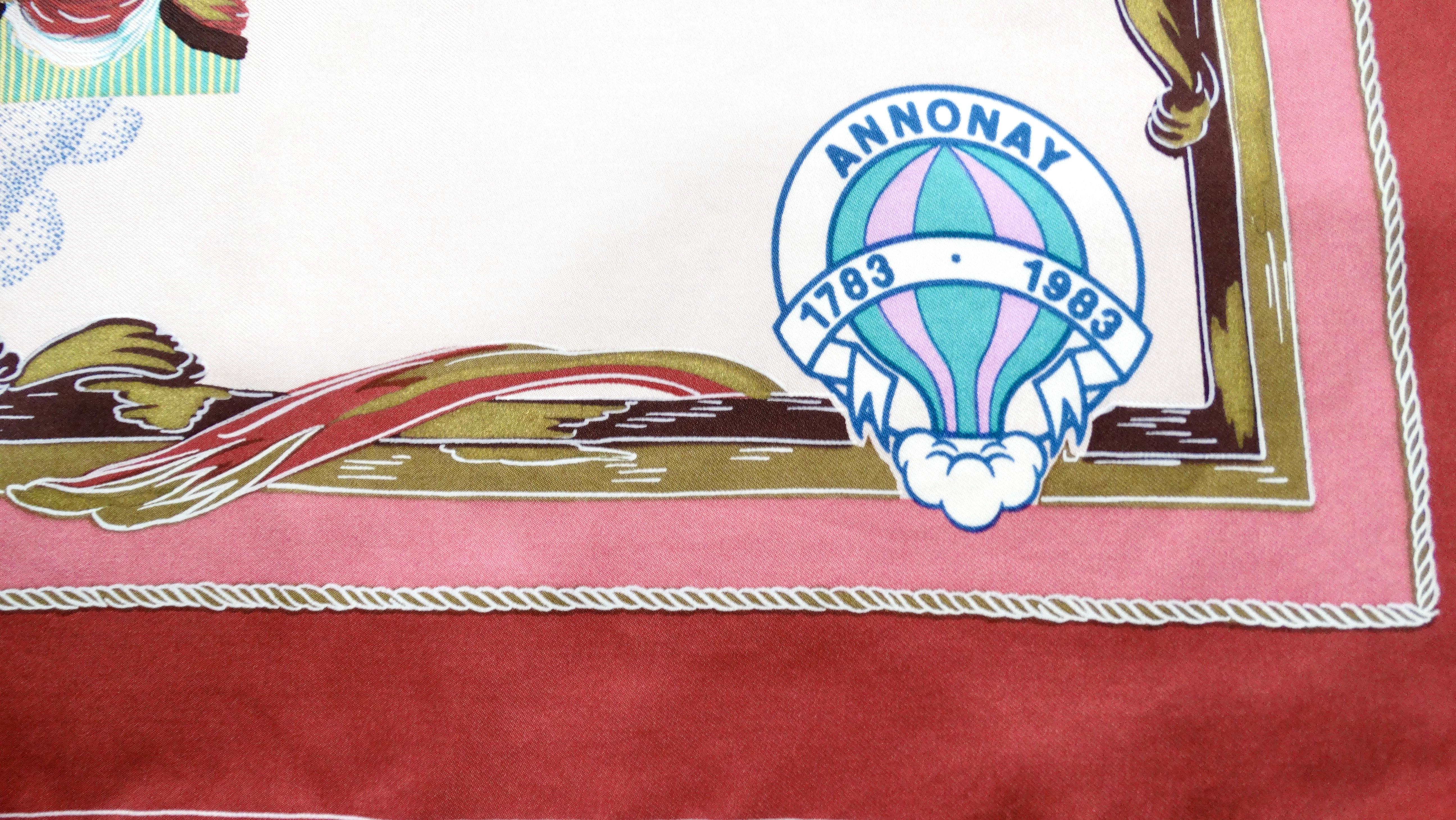 1983 Vintage French Hot Air Balloon Print Silk Scarf In Good Condition In Scottsdale, AZ