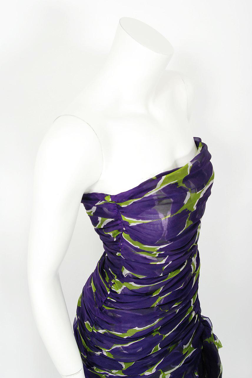 Black Vintage 1983 Yves Saint Laurent Documented Purple Print Silk Strapless Gown