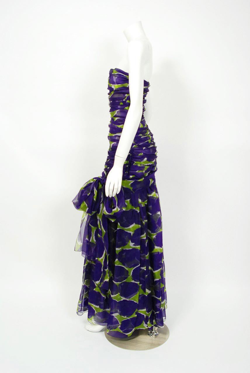 Vintage 1983 Yves Saint Laurent Documented Purple Print Silk Strapless Gown In Good Condition In Beverly Hills, CA