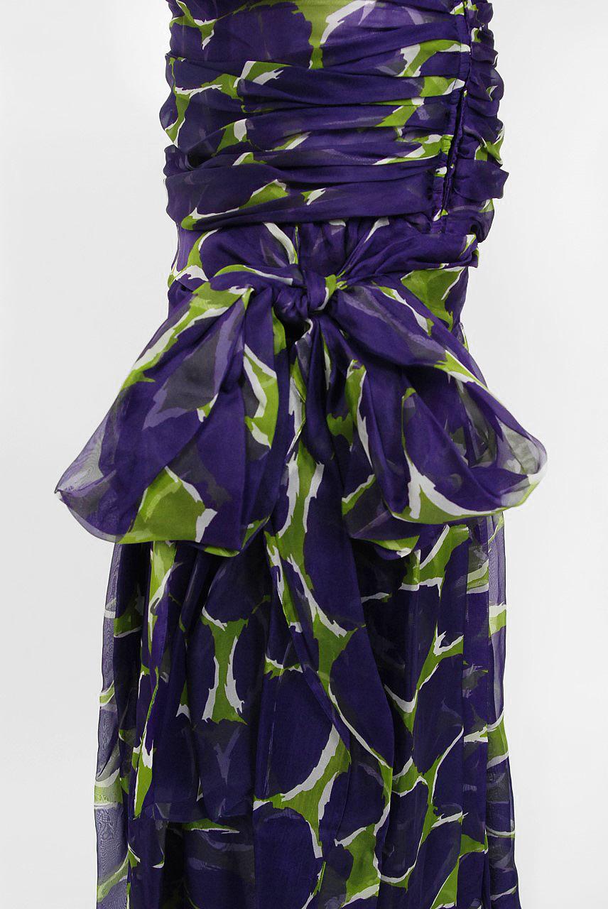 Women's Vintage 1983 Yves Saint Laurent Documented Purple Print Silk Strapless Gown
