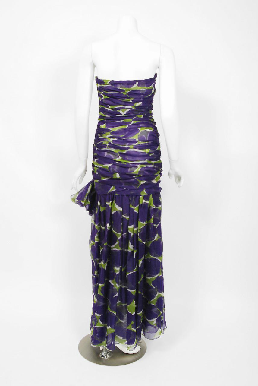 Vintage 1983 Yves Saint Laurent Documented Purple Print Silk Strapless Gown 2