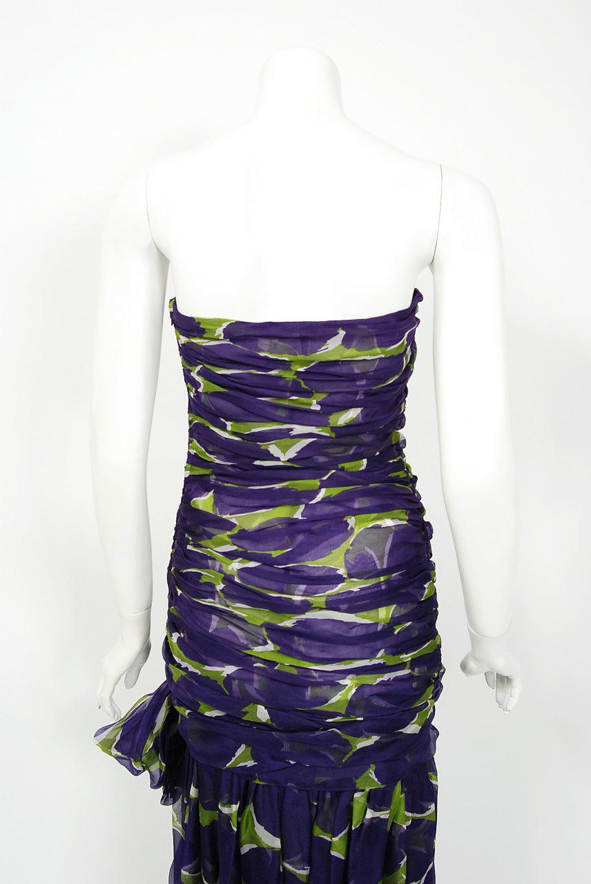 Vintage 1983 Yves Saint Laurent Documented Purple Print Silk Strapless Gown 3