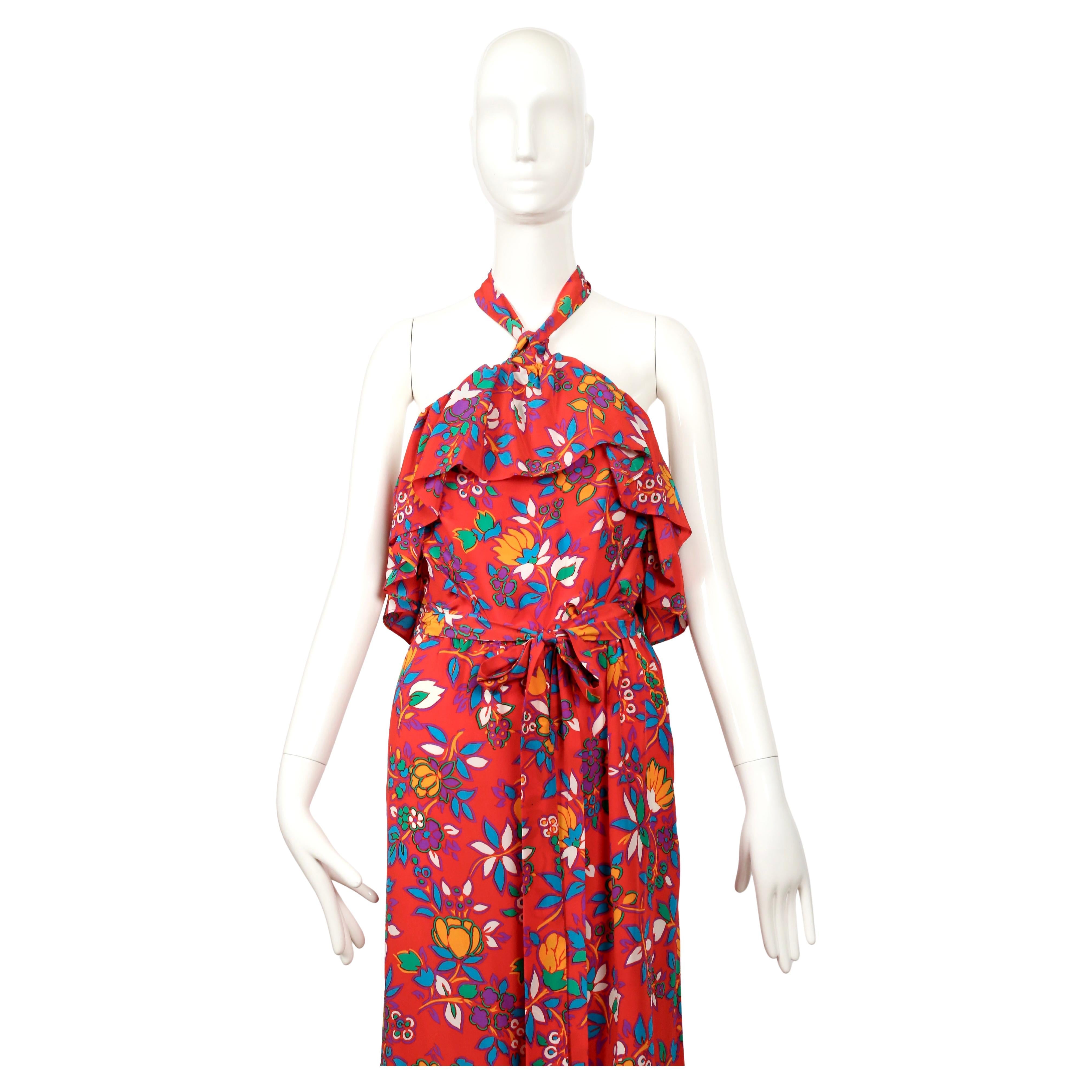 1983 YVES SAINT LAURENT vestido RUNWAY de seda floral roja en Bueno estado para la venta en San Fransisco, CA