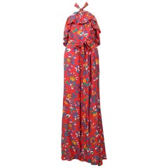 Robe de défilé YVES SAINT LAURENT en soie rouge à fleurs, 1983
